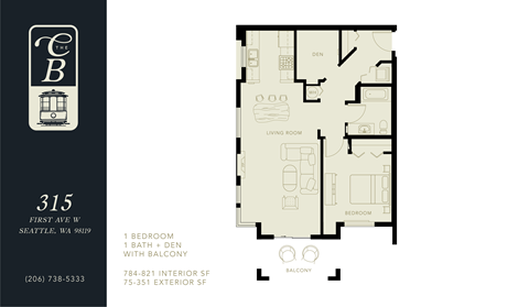 Floor plan for 1 bed, 1 bath, 784 sqft